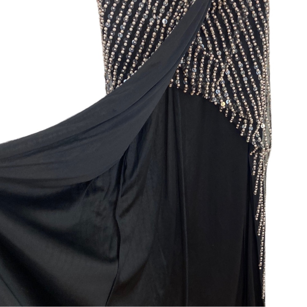 NWT Mac Duggal Black Pearl Sequin One Shoulder Bow High Slit Maxi Dress Size 2 - Picture 5 of 11